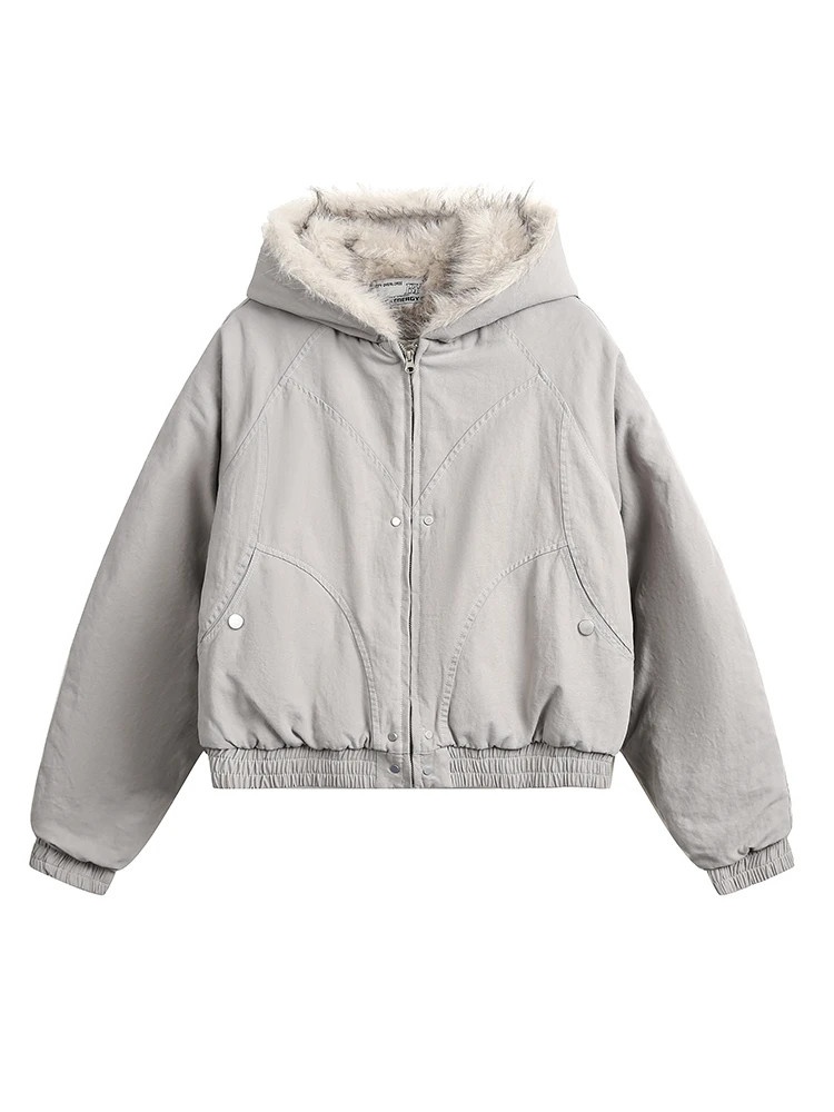 DEAT Fashion Women\'s Cotton-padded Coat Fur Collar Hooded Loose Zipper Gray Thick Warm Quilted Jacket Winter 2024 New CPG2226