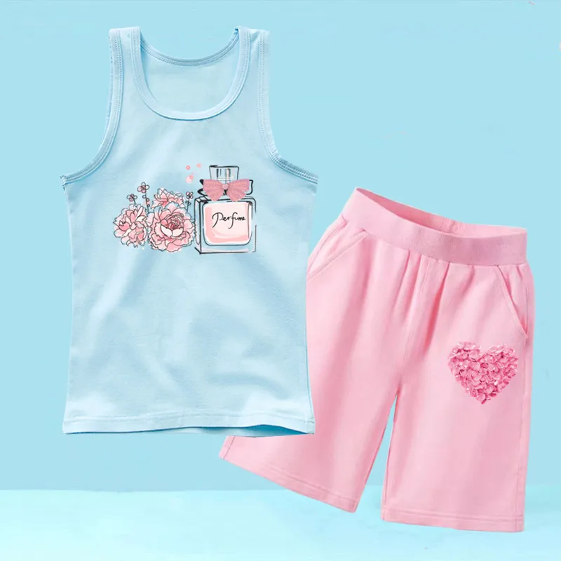 Summer Girls Vest Set Kids Perfume Bottle Print Sleeveless Tshirt Tops and Shorts 2PCS Clothes Set Fashion Tracksuit