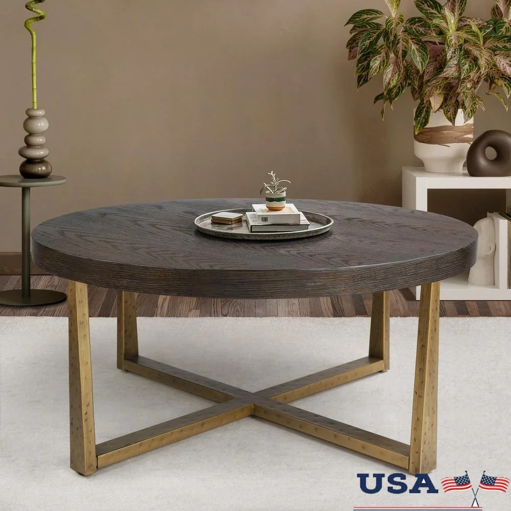 Round Coffee Table Rustic Wood Surface Gold Legs Modern Living Room Furniture Easy Clean Durable Design Multifunctional Stylish