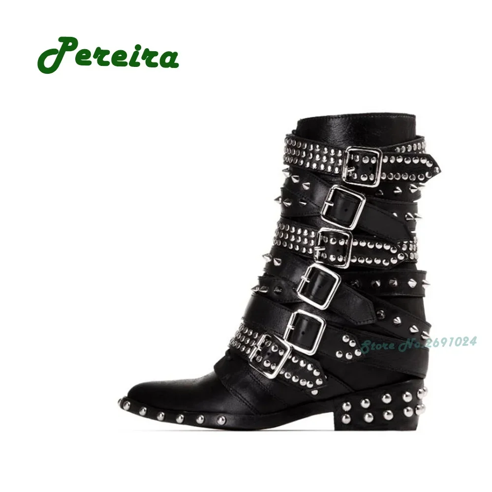 Stivaletti gladiatore con rivetti dorati stivaletti da donna con fibbia a punta con tacco a punta inverno 2023 nuove scarpe da pista solide con