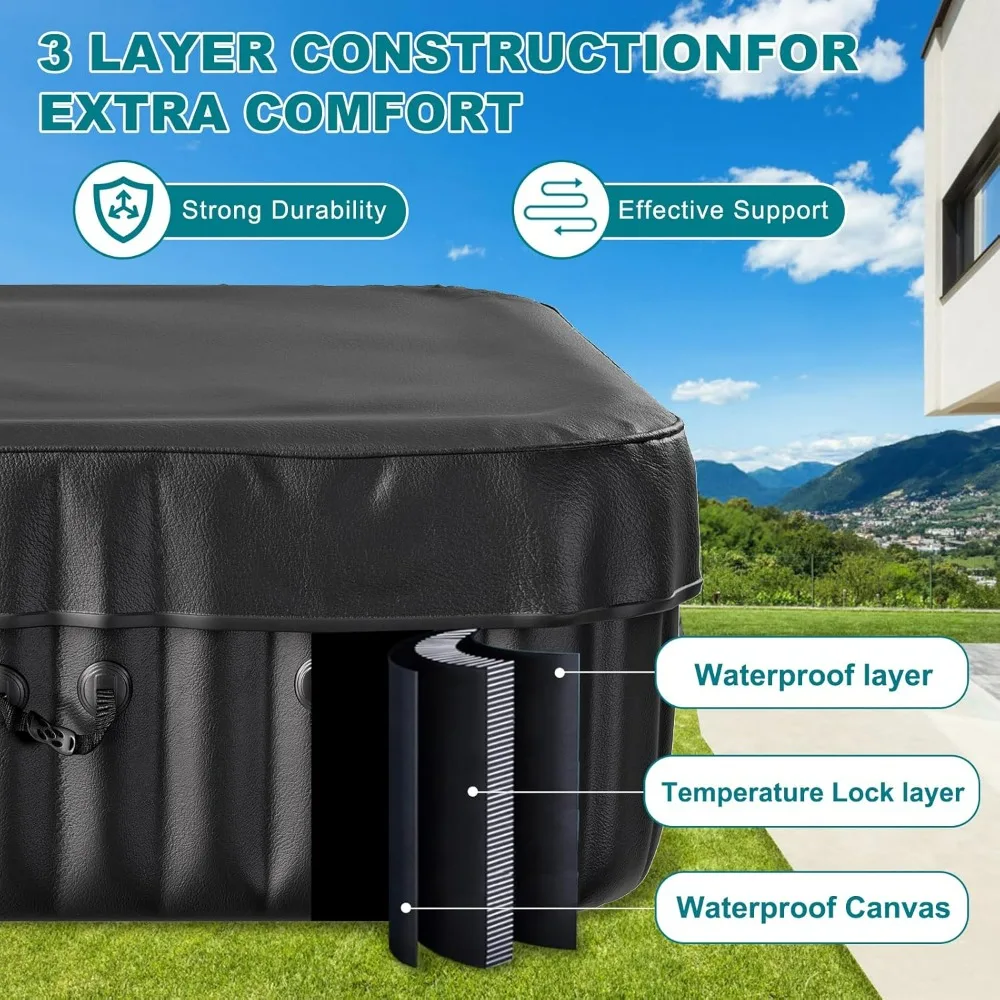 Hot Tub, 4-6 Person Portable Hot Tub Square Portable Outdoor Spa, 130 Bubble Jets and Built in Heater Pump, Inflatable Hot Tub