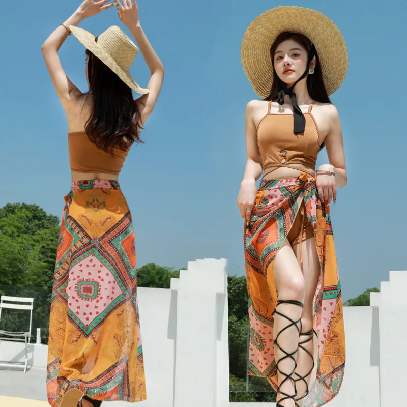 Women Sexy Swimwear 2022 Casual Print Korean Style Push Up Swimsuit Bandage Three-Piece Beach Summer Bikini Set