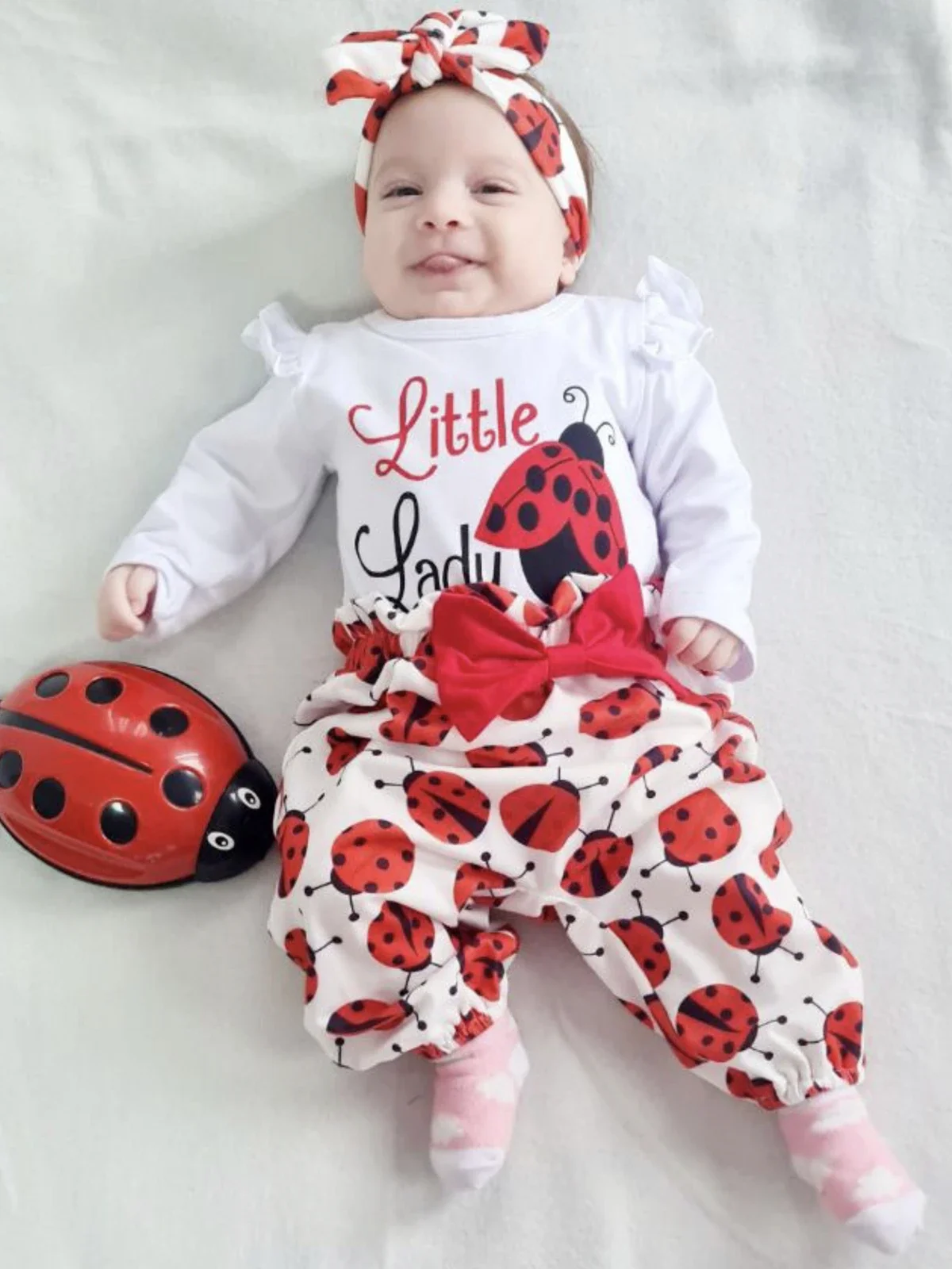 Cute insect Pattern Newborn Girls Baby Clothes Set Cotton Romper Bodysuit Top and Infant Pants Bow Headband Long Sleeve Outfit