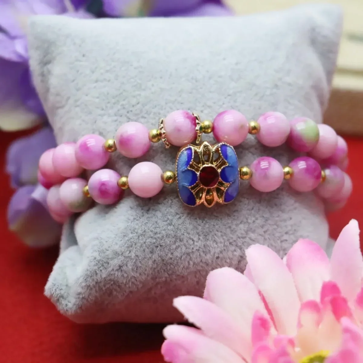 

8mm Round Prevalent Pink Chalcedony Peach Stone Bracelet/Hand Chain for Women Girl Natural Pendant Leisure Cloisonne Accessories