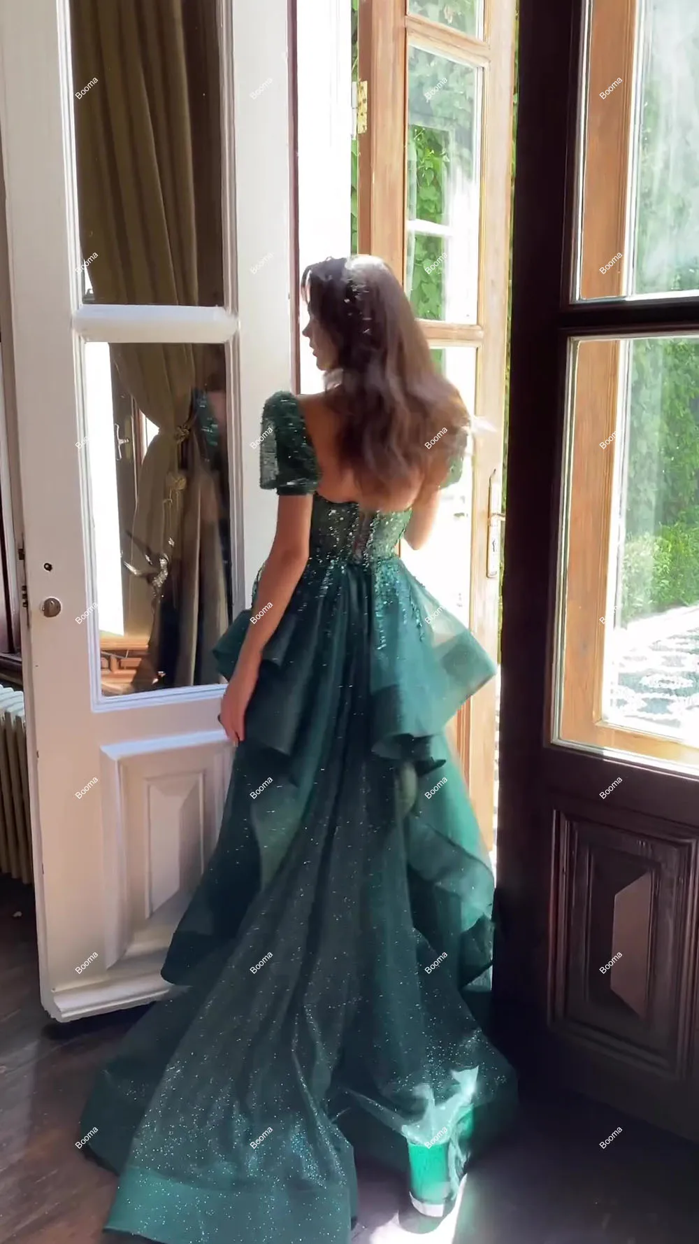 Booma-vestido de novia verde con purpurina, traje Formal de manga corta, con cola, con volantes