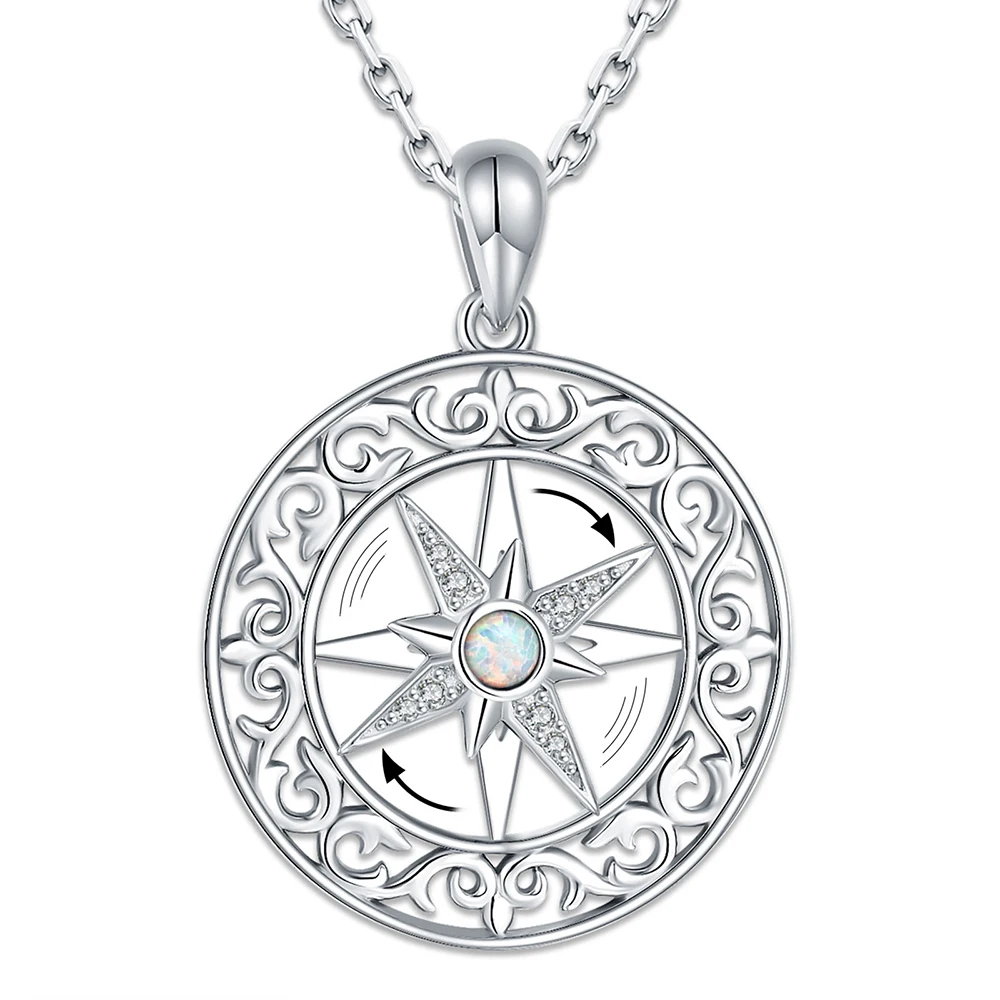 925 Sterling Silver Compass Necklace Rotatable Opal Baroque Compass Pendant Graduation Friendship Travel Jewelry For Women Men