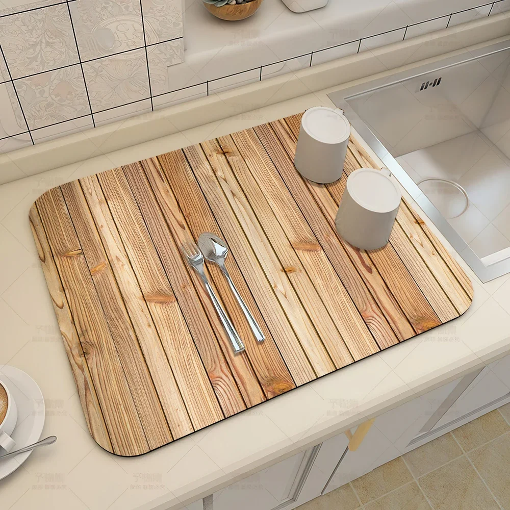 Kitchen tableware placemat coffee mat imitation wood grain printing draining mat super absorbent non-slip anti-mildew