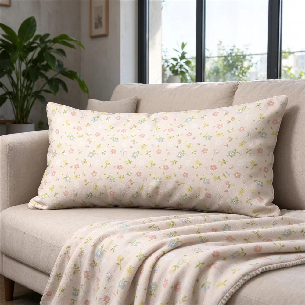 White Blush Soft Ditsy Print Long Pillow Cover, Gentle Style, Loft Decorative, Polyester, Bench Cushion, Breathable, Home Accent