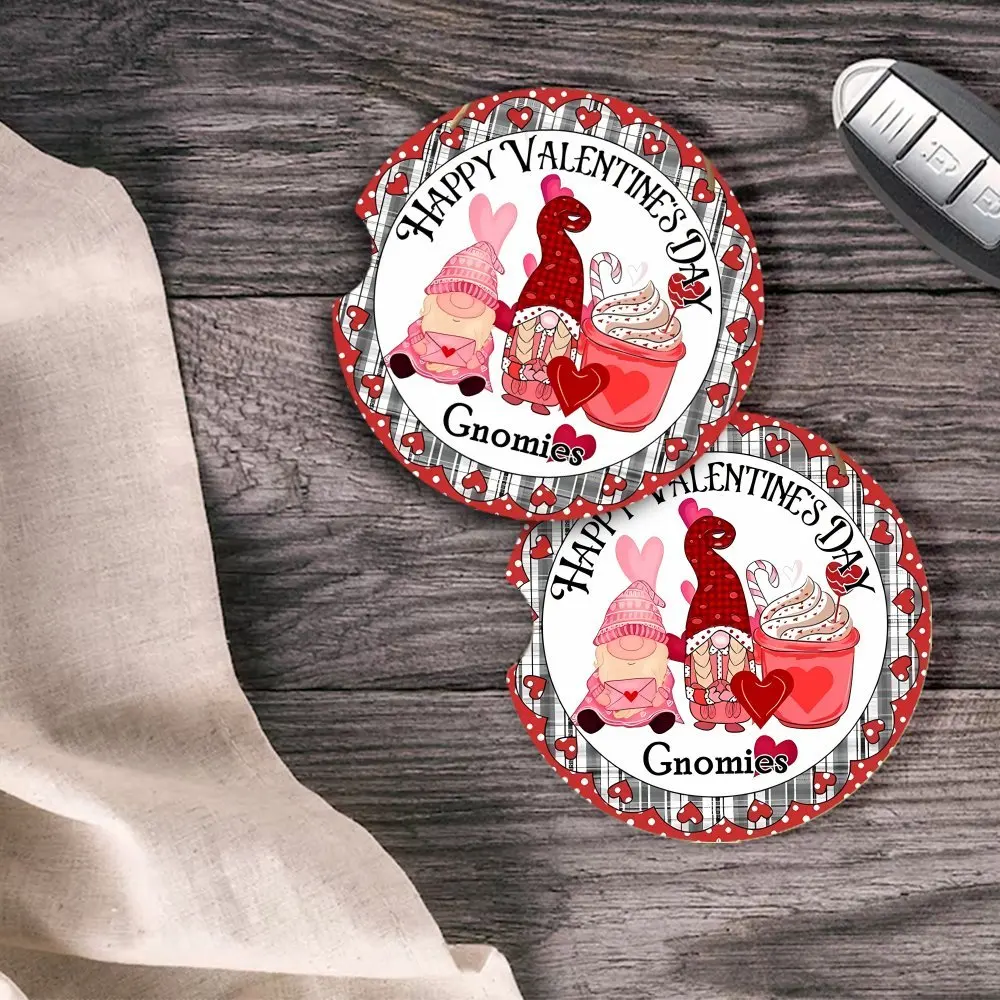 2pcs Valentine'S Day Acrylic Coasters, Waterproof Heat-Insulated Car Cup Mats, Pink Gnome Design, Durable, Scratch-Resistant view 3