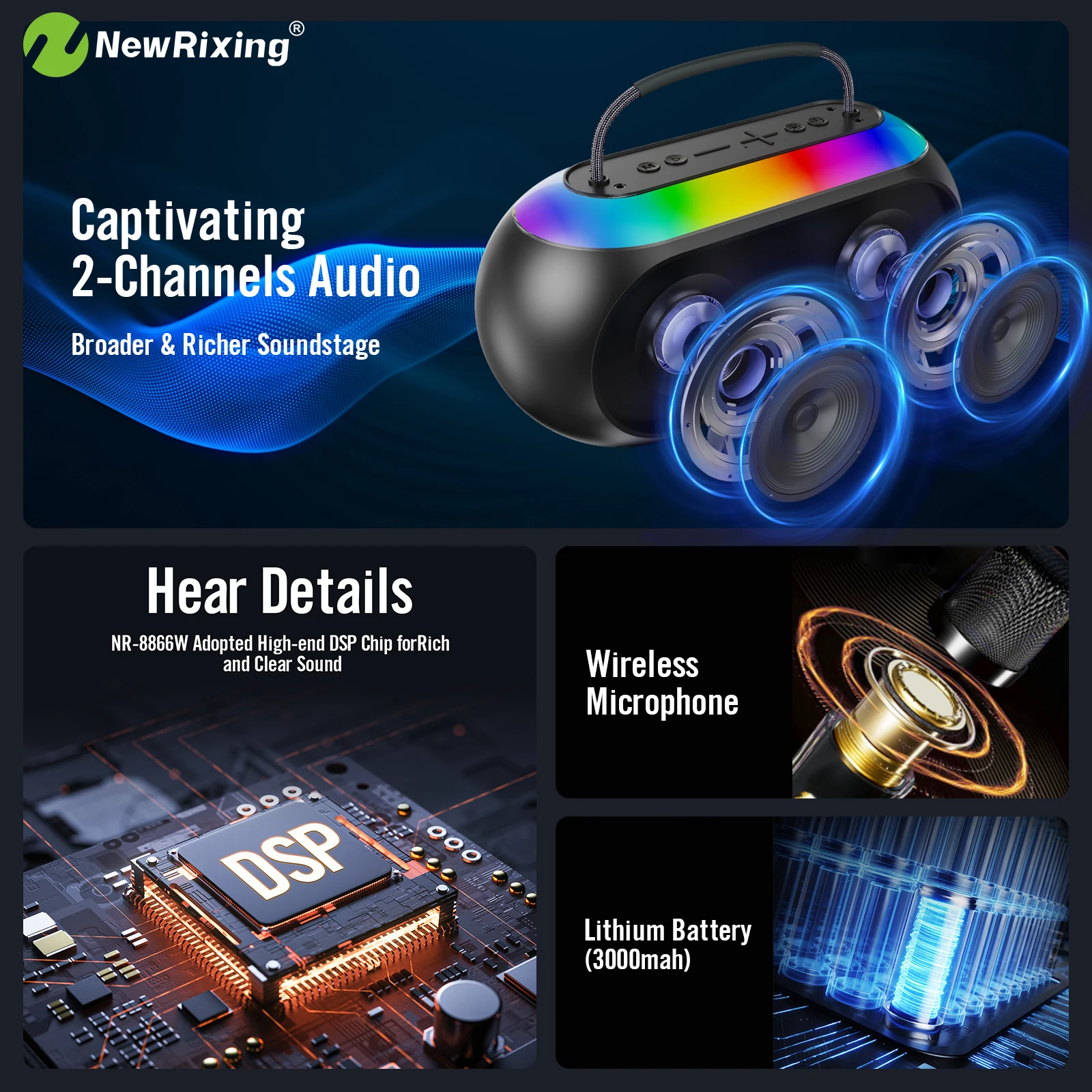 NewRixing Karaoke Machine with 2 mics,BT Speaker,30W,Bass Boost