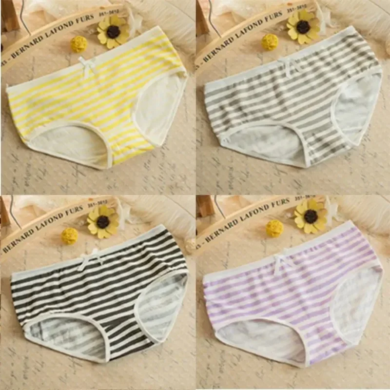 Soft Cotton Stripes Panties Bowknot Cute Underwear Women Lolita Pink Briefs Candy Color Breathable Underpants Female Gifts New