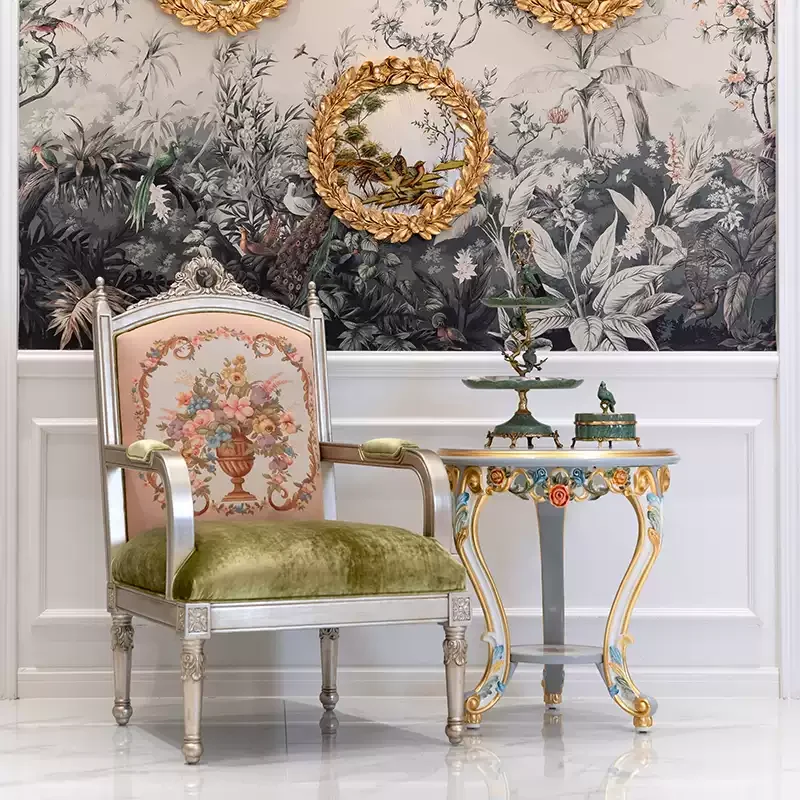 European French solid wood luxury hand-painted flower sticker gold foil blue small corner villa living room
