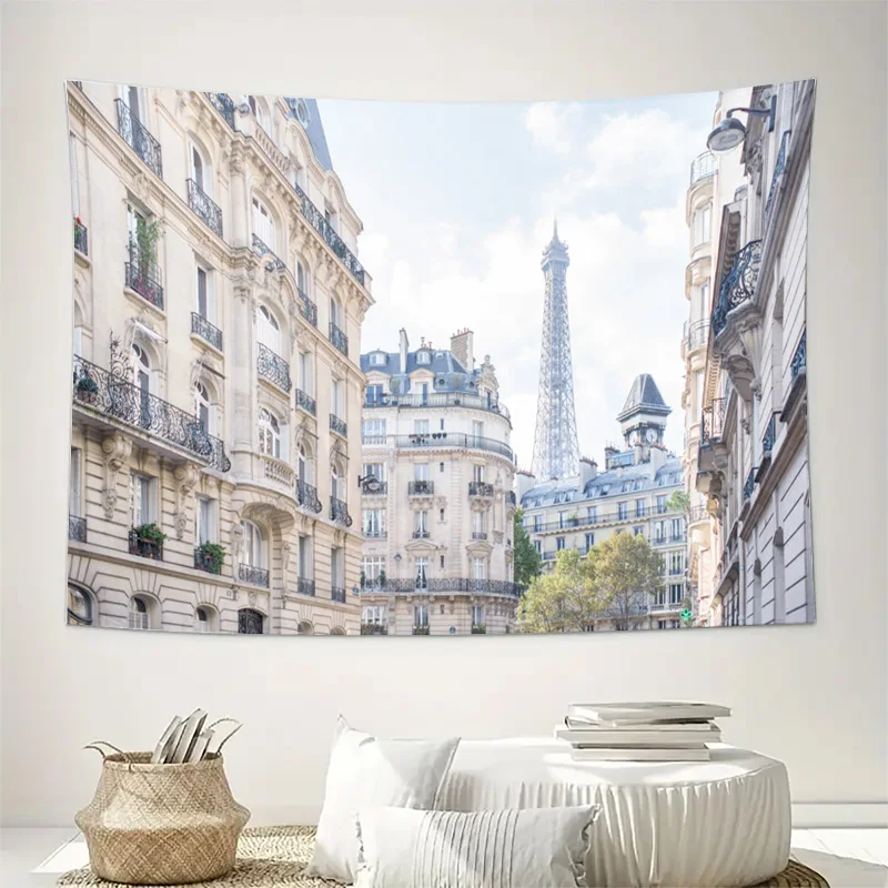Paris Eiffel Tower Street View Tapestry with Classic French Architecture Machine Washable All Season Decor Home Quick Setup