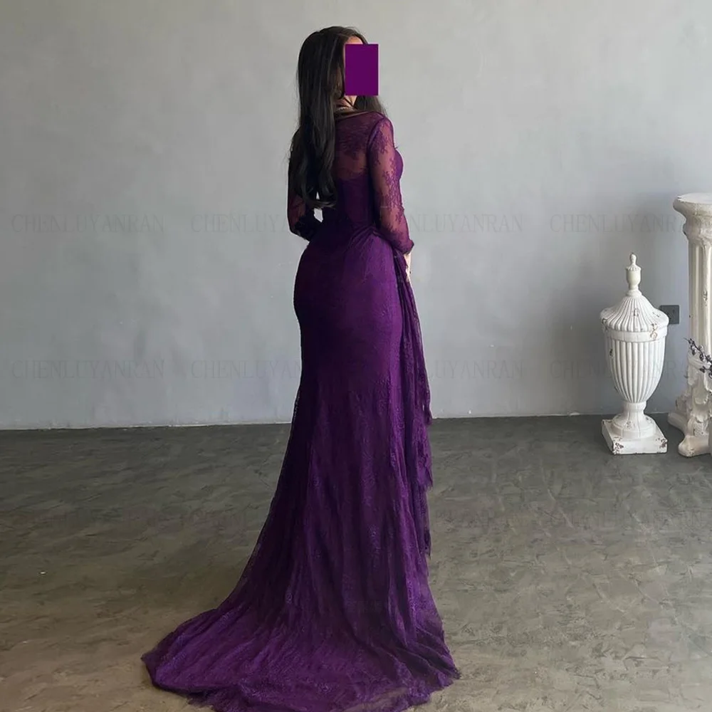 Purple Lace Formal Occasion Dresses 2024 Sweetheart Long Sleeves Ball Gowns Pleat Slit Sexy Evening Party Gown فساتين الحفلات