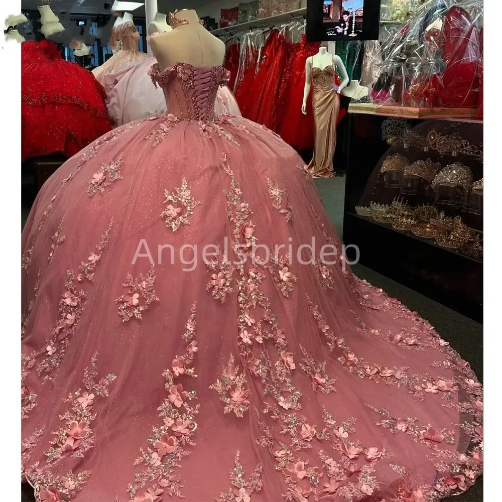 Angelsbridep-Elegante vestido Pinkball feminino, vestidos Quinceanera, flor artesanal 3D, vestido de festa, trem longo