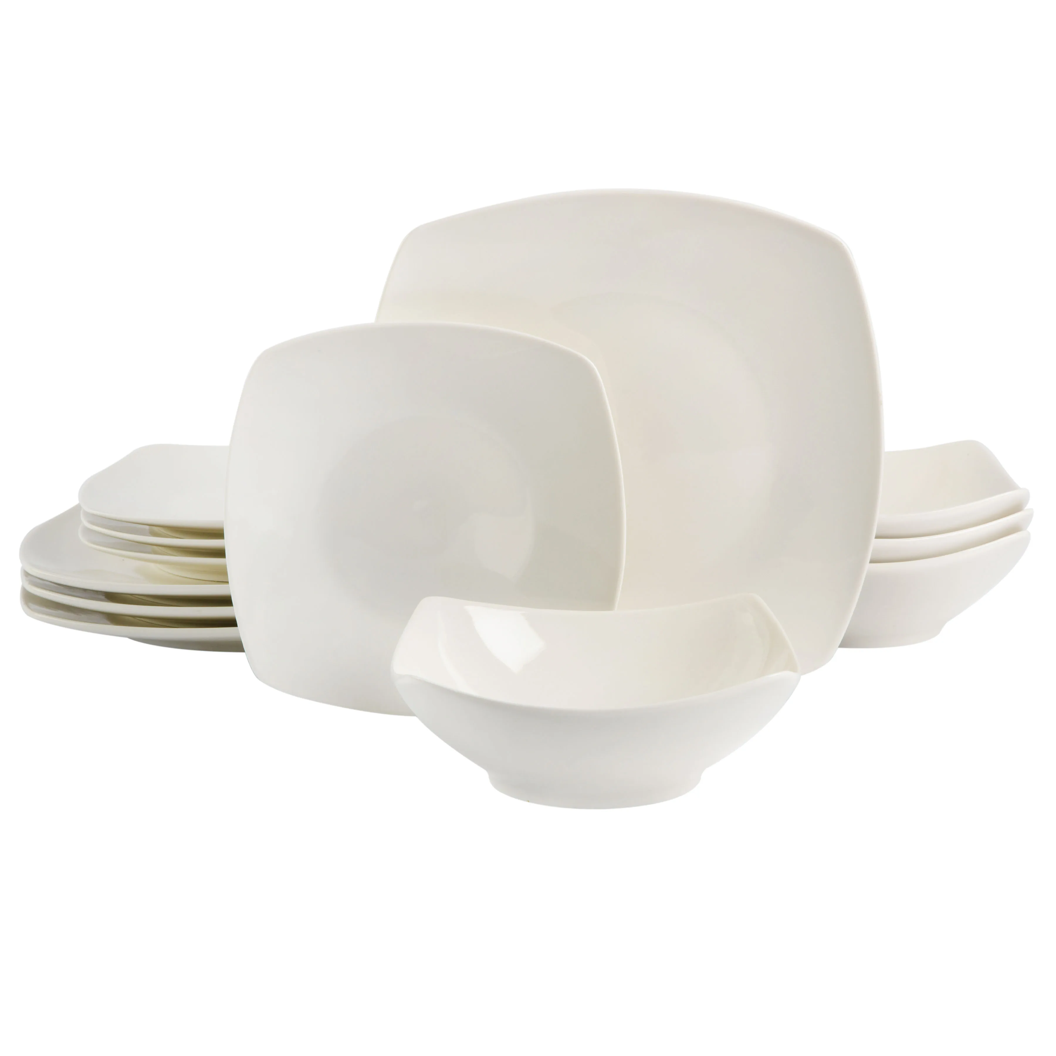 

White Stoneware Dinnerware Set, 12-Piece, Everyday Square Design
