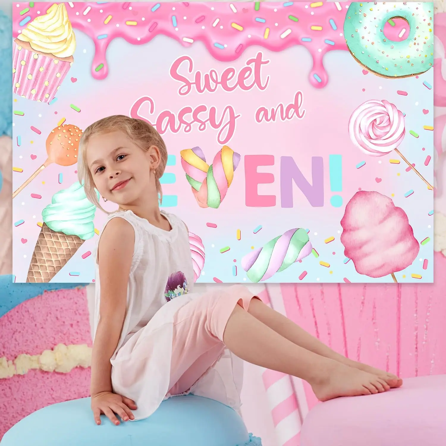 Kreatwow 5x3ft Seven Birthday Backdrop Cream Donut Backdrop Pink Banner Decorations for  Kids Girl Birthday Party  Supplies