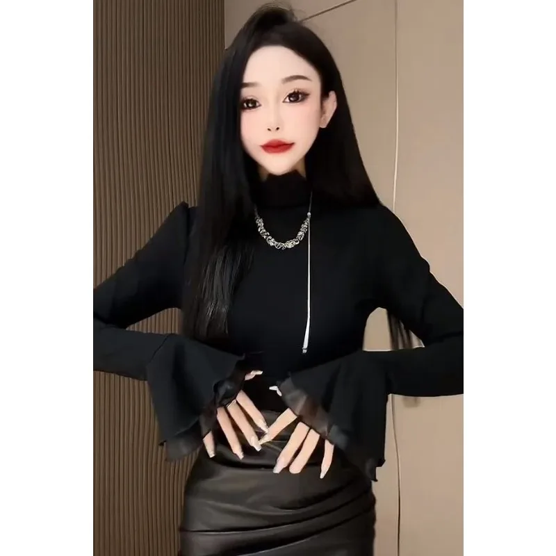 

Half Turtleneck Trumpet Sleeve Design Autumn and Winter Thin Velvet Sweet High-end Solid Color Temperament Base Shirt