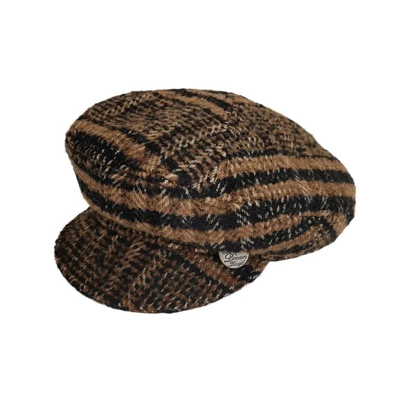 

Fashion Plaid Newsboy Cap Winter Women's Octagonal Hat Vintage Tide Duck Tongue Cap