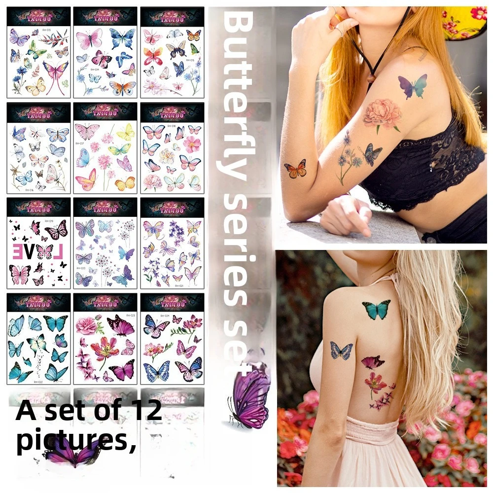 12sheets Butterfly Tattoo Stickers Set Fun Ocean Fresh Daisy Flower Value Hair Replacement Stickers