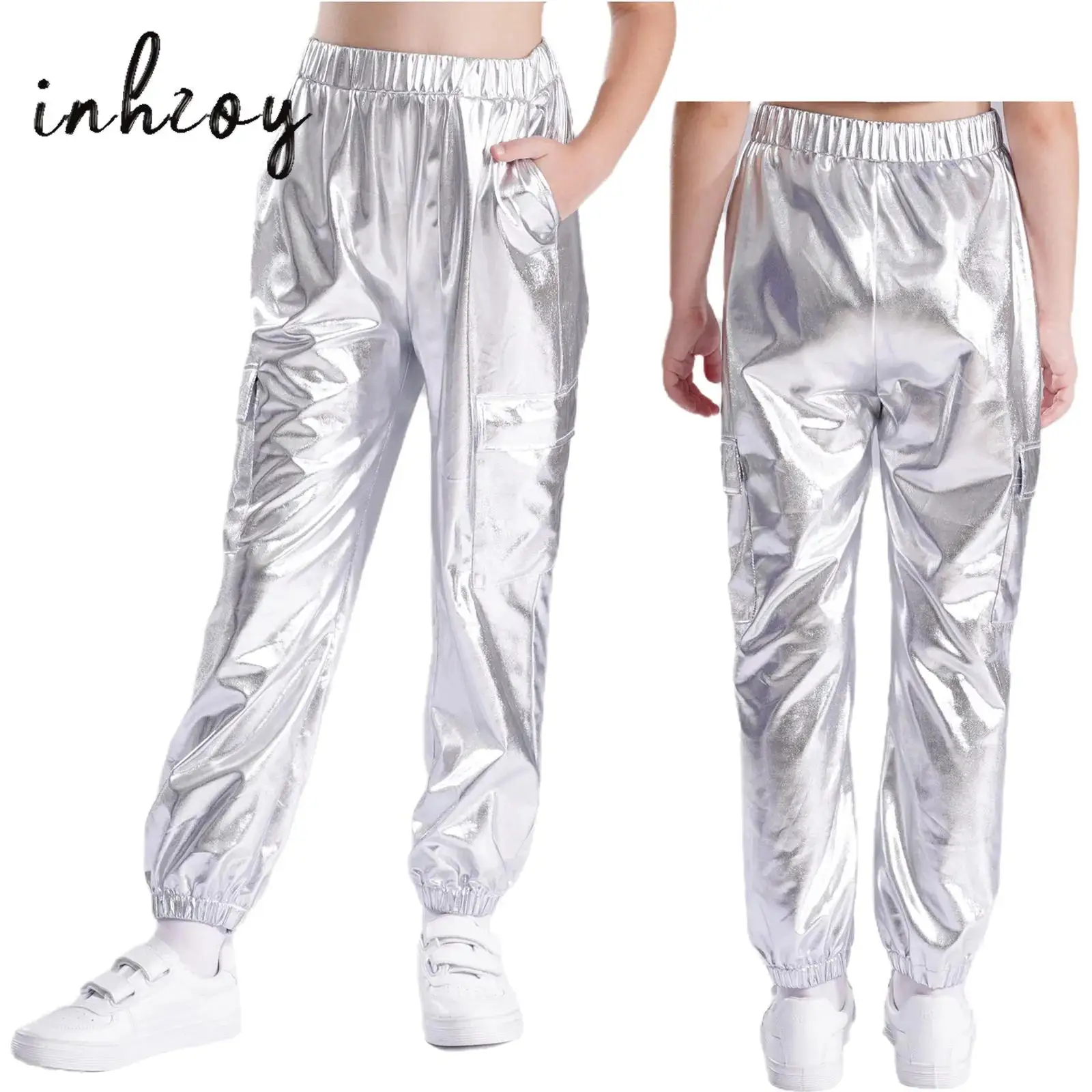 

Boys Girls Jazz Hip-Hop Street Dance Costumes Metallic Shiny Harem Pants Unisex Kids Elastic Trousers Losse Pants Dancewear