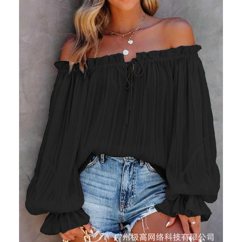 Blusa holgada plisada con cordones para mujer, camisa informal de manga acampanada con hombros descubiertos y cuello oblicuo, Color sólido, novedad