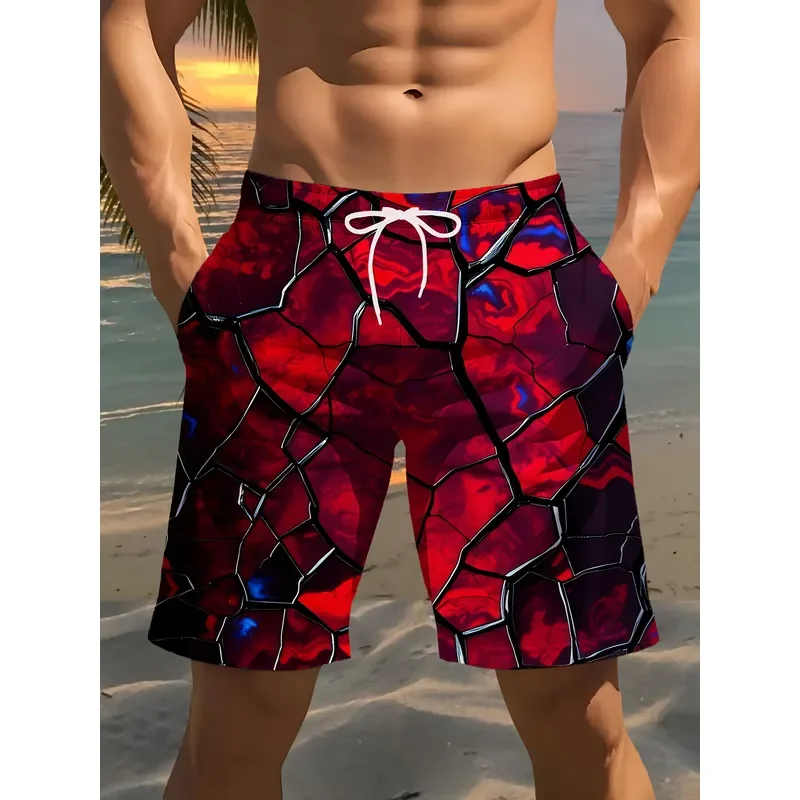 Men's Beach Shorts Cracked Pattern Print Casual Polyester Drawstring Waist Swimming Pants Summer Vacation Light Comfortable