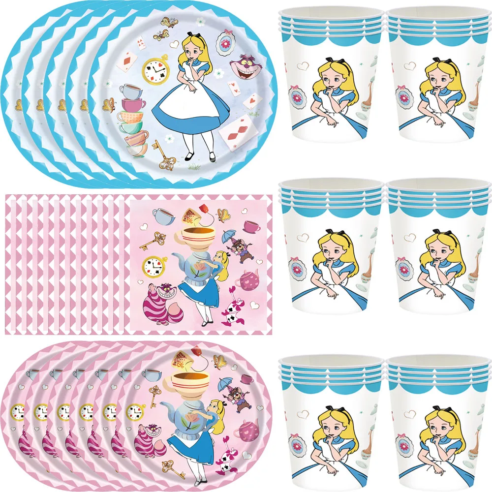 

Disney Alice In Wonderland Girls Birthday Party Disposable Tableware Paper Plates Cups banner Decoration Party Wedding Decor