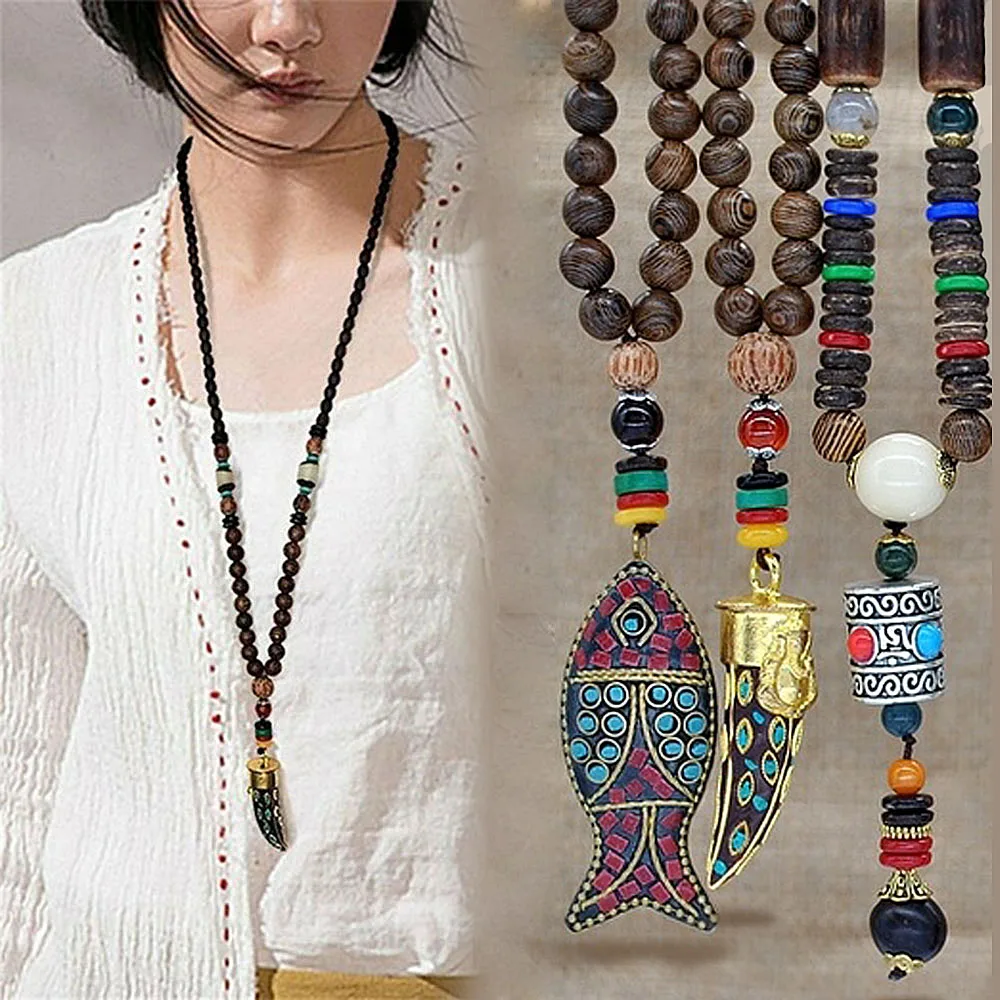 Ethnic Fish Mala Buddhist Nepal Horn Long Necklace Pendant Wood Beads Necklace