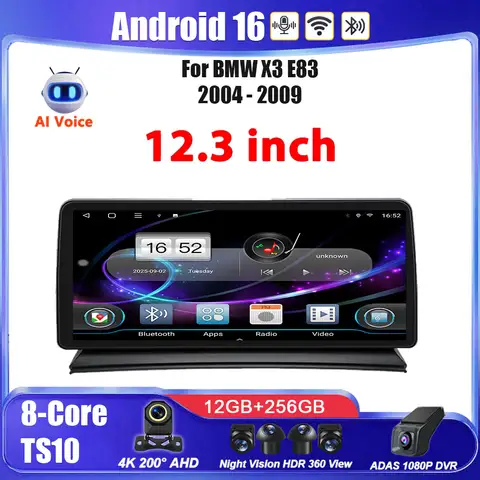 Android 16 Car 12.3 inch For BMW X3 E83 2004-2009 Touch Screen Car Carplay Multimedia Stereo Player GPS Navigation Dash Cam DVD