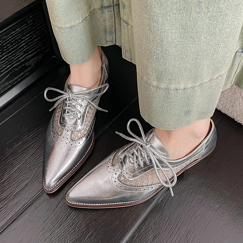 

Women Basic Oxfords Chunky Heel Pointed Toe Silver Shoes Lace-Up Breathable Footwear Woman British Style SUmmer Mesh Oxfords