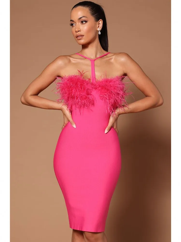 STOCK New Summer Women Sexy Feather Hot Pink Black Mini Bodycon Bandage Dress Birthday Stage Costume Evening Club Party Dress