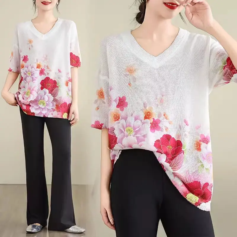

New Summer Thin Fashion Printed Knitted Sweater V Neck Short Sleeved T-Shirt Women's Loose Casual Pullover Top K1783