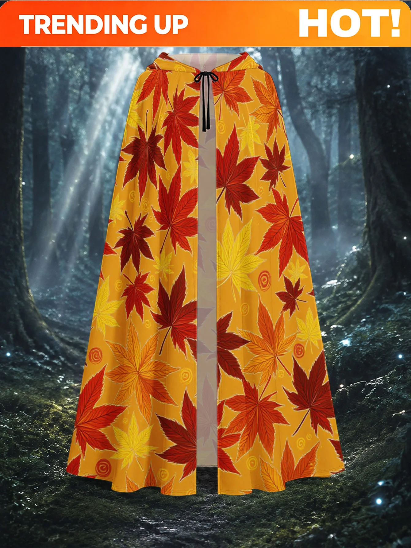 Customization 1pc, Halloween And Christmas Hooded Cloak With Autumn Maple Leaves Design, Full-Length Adult Cape For Cosplay Even