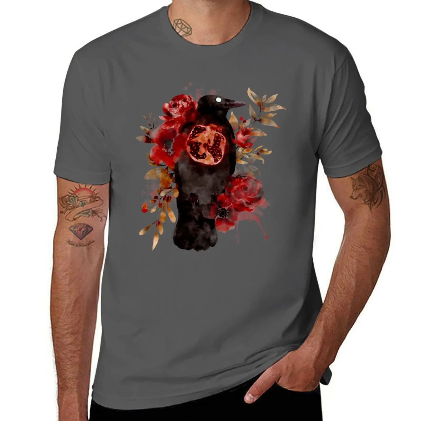

Autumn Oracle Crow Pomegranate Watercolor T-Shirt graphics summer top valentines boutique clothes slim fit t shirts for men