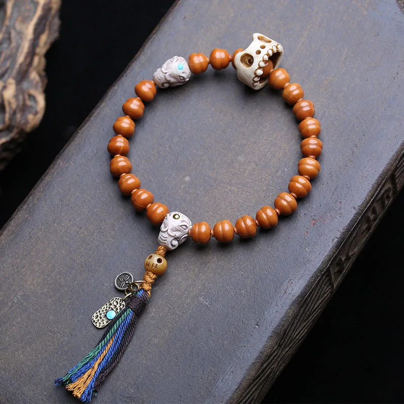 Natural, Uncolored Monkey Bodhi Wood Carving, Gourd-Shaped Pendant, Hand-Held, With A Bone Ring, Elephant Deity, And Co