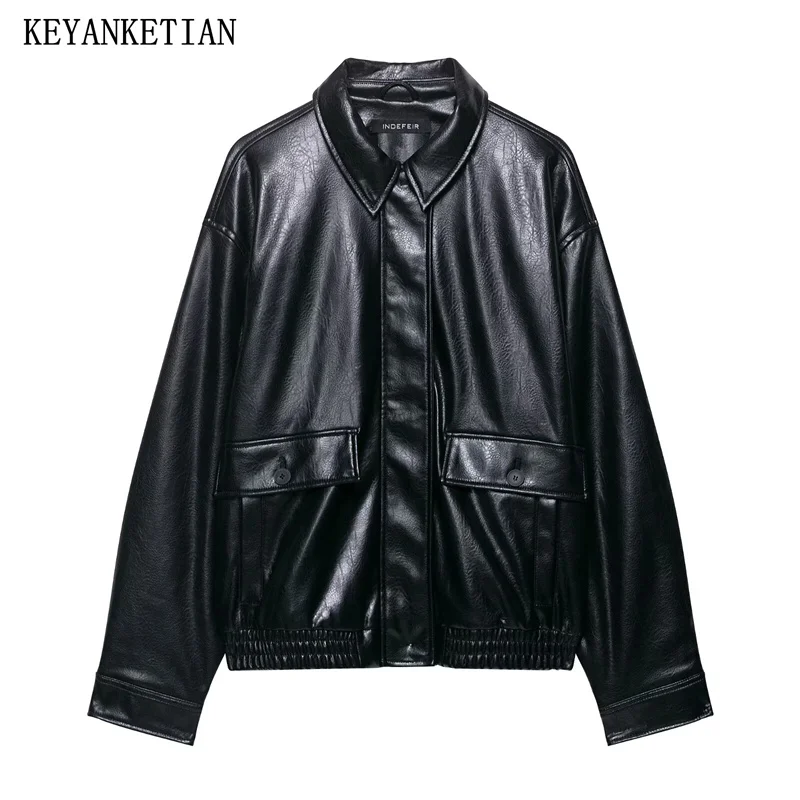 

KEYANKETIAN Autumn New Women's Clothing Lapel, Placket, Zipper, Flip Pocket, Long Sleeved Imitation Leather Jacket, Women Coat
