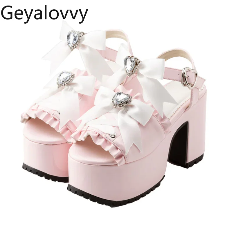 

Japanese Rhinestone Bowknot Platform Thick Sole Shoes Lolita Mass-Produced Sweet Cute Girls Versatile High Heel Sandals