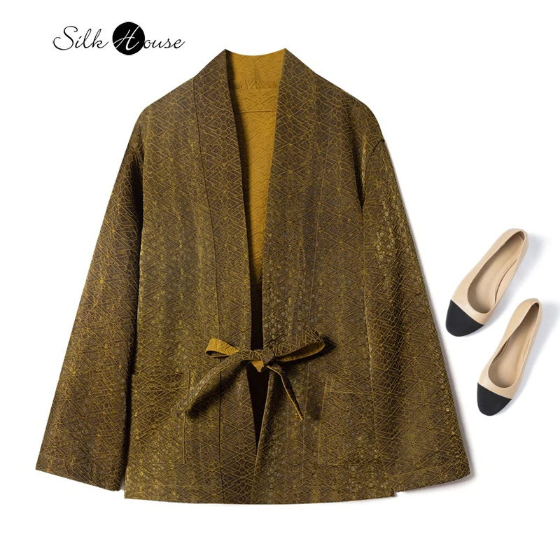 Yellow Geometric Pattern New Chinese 100% Natural Mulberry Silk Fragrant Cloud Yarn Lace Up Fashion Women's Long Sleeved Jacket