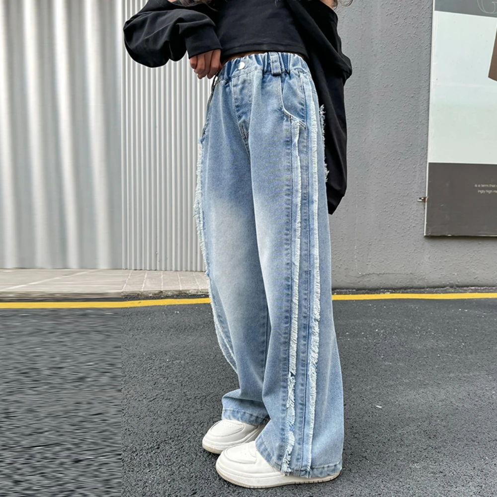 2024 Spring New Girl's Hairy Hairy Medium Large Children's Korean Edition Western Girl's Pants Wide Leg Jeans