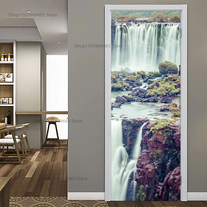 Waterfall Scenery Full Door Cover Decals Wallpaper Home Cabinets Decoration Art Door Waterproof Self-Adhesive Mural Wall Sticker