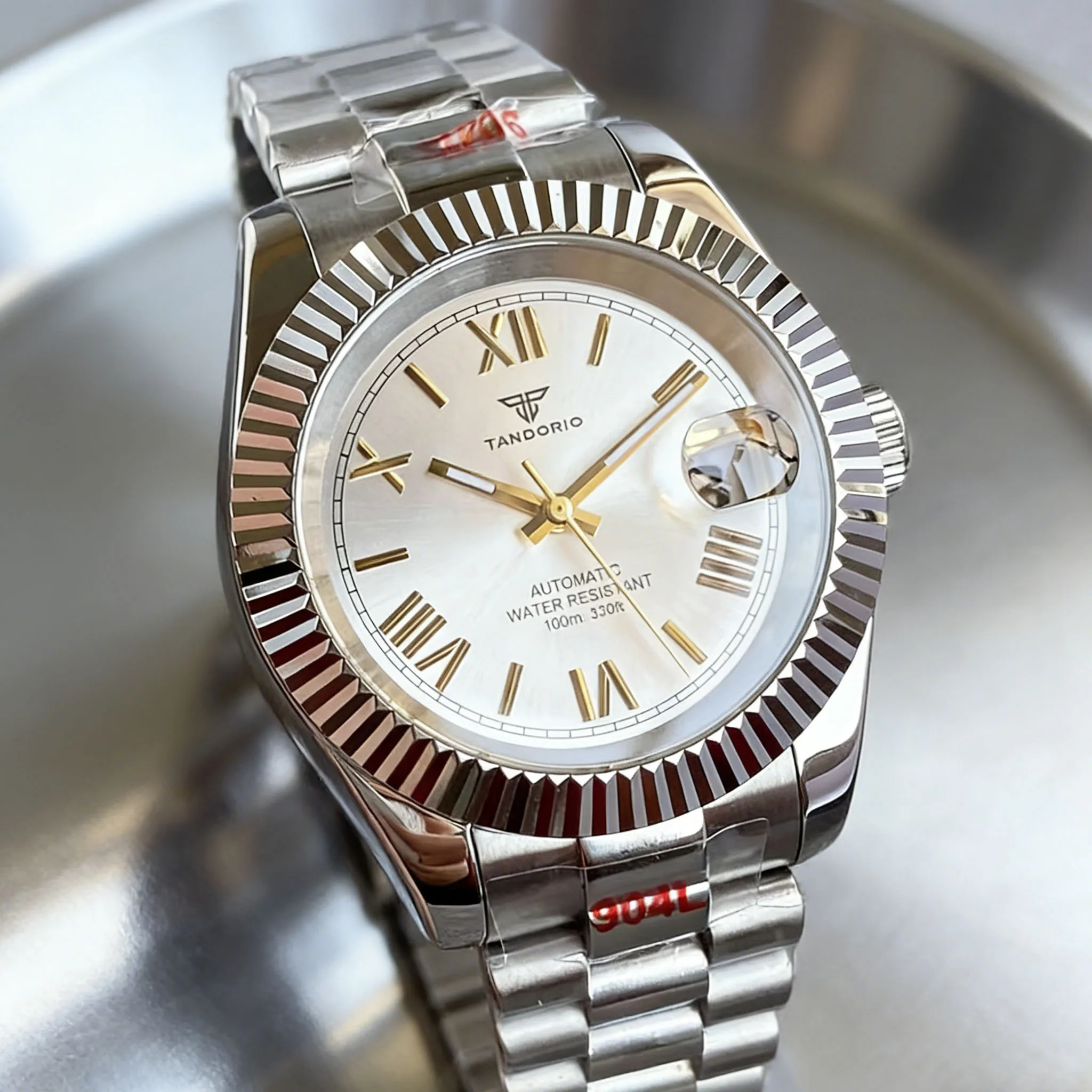 

Tandorio 36 мм/39 мм серебряный рифленый безель сапфировое золото римский номер циферблат даты 10ATM NH35 автоматические мужские часы президентский ремешок