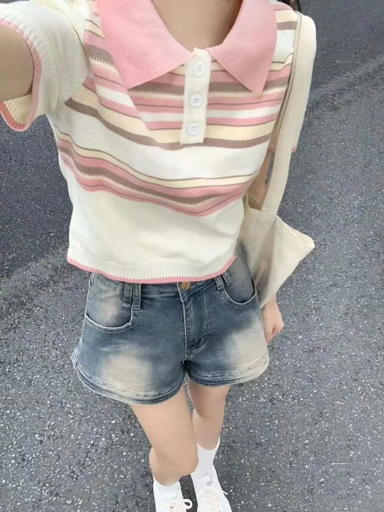 Shirts for Women Casual Striped Tshirts Tunic Fashion Summer Tees Turndown Collar Short Sleeve Knitted T Shirts Y2k Crop Tops