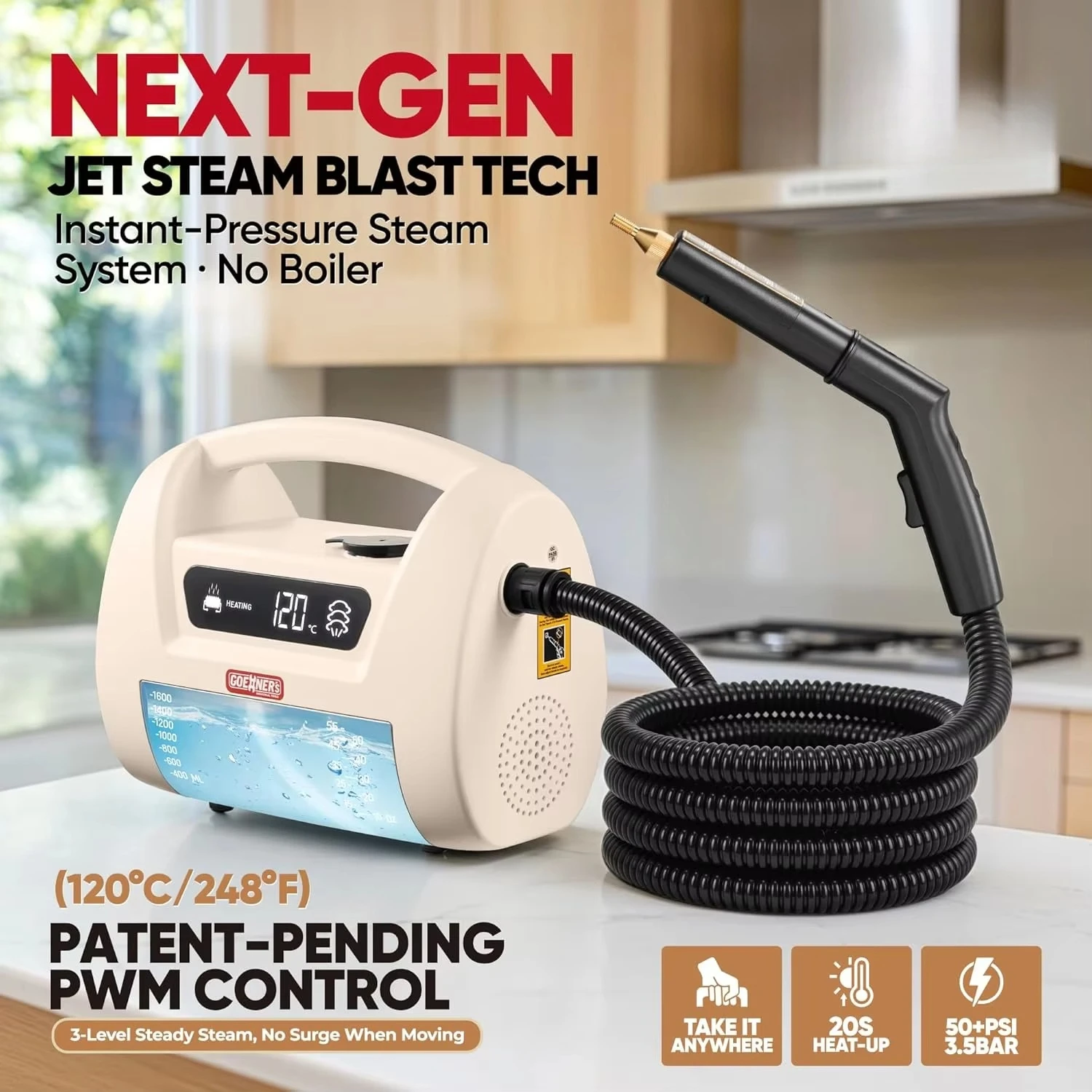 Updated 3.5Bar High Pressure Handheld Steam Cleaner 1500W 20s Heating 1600ml 248°F for Home Auto Tile Grout Bathroom