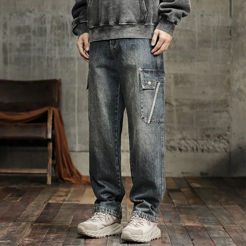 2024 Spring and autumn new men's cargo jeans men's fashion brand straight leg Japanese loose Harun casual multi-pocket pants