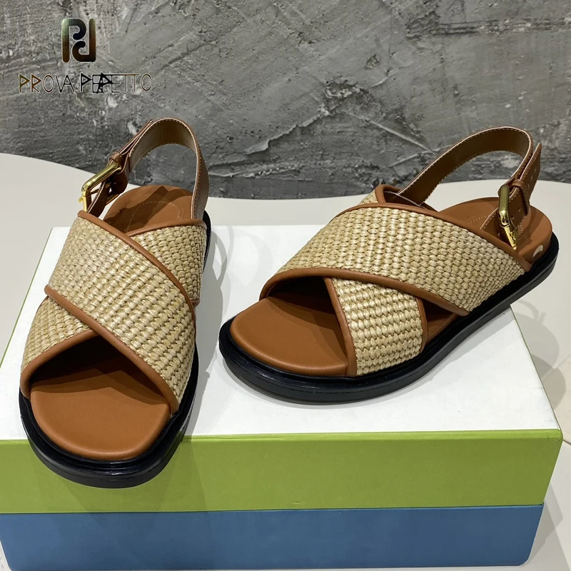 

Grass Woven Sandals Cross Strap Holiday Beach Casual Sandalias New Brand Name Buckle Strap Thick Sole Top Quality Sapatos Mujer