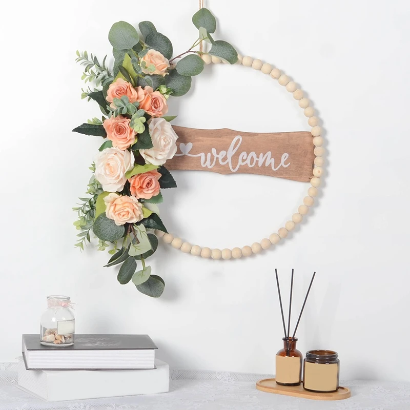 All Seasons Floral Wreath For Front Door, Wood Beads And Eucalyptus Wreath, Indoor Outdoor All Seasons Floral Wreath