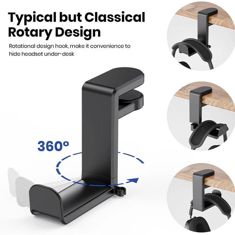 No Punch Table Clip Hook Headphone Stand Clips 360 Degree Rotating Foldable Gaming Headset Hanger Hook Under Desk Earphone Stand