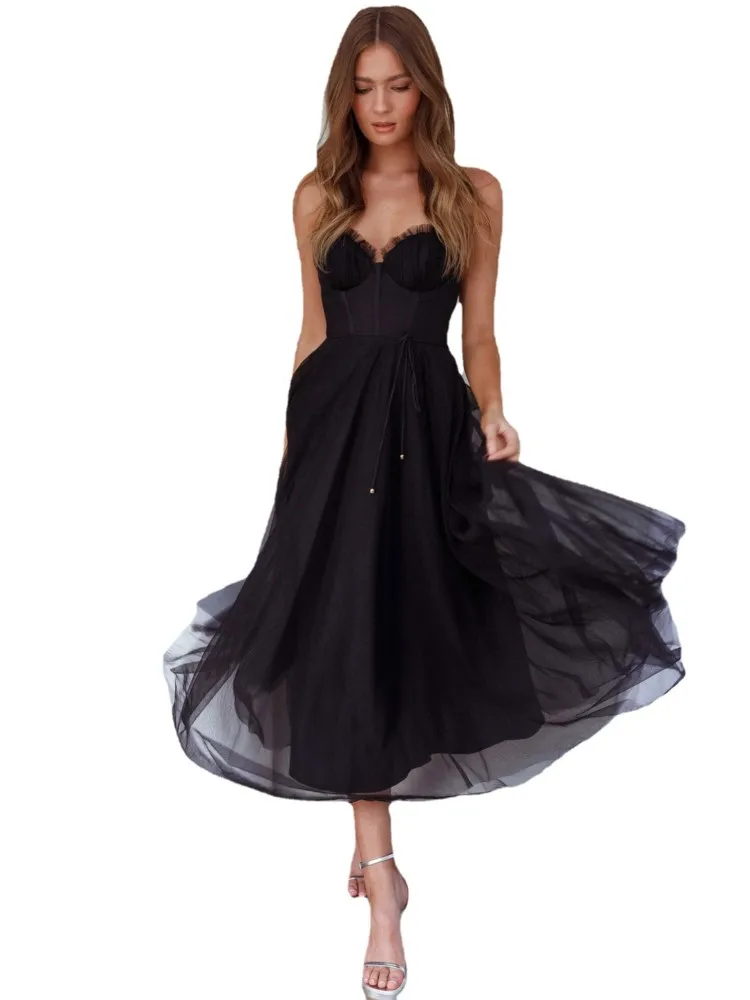 Chiffon Mesh Garn Spaghetti träger lange Kleider Frauen einfarbig sexy niedrig geschnittene rücken freie Schnürung Kleid trend ige Party Vestidos neu