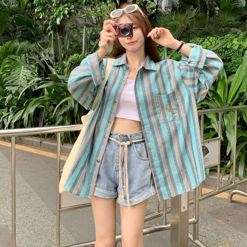 

Striped Color Block Long Sleeve Shirt Women's Casual Loose Style Polyester Fiber Sun Protection Coat Simple Outerwear